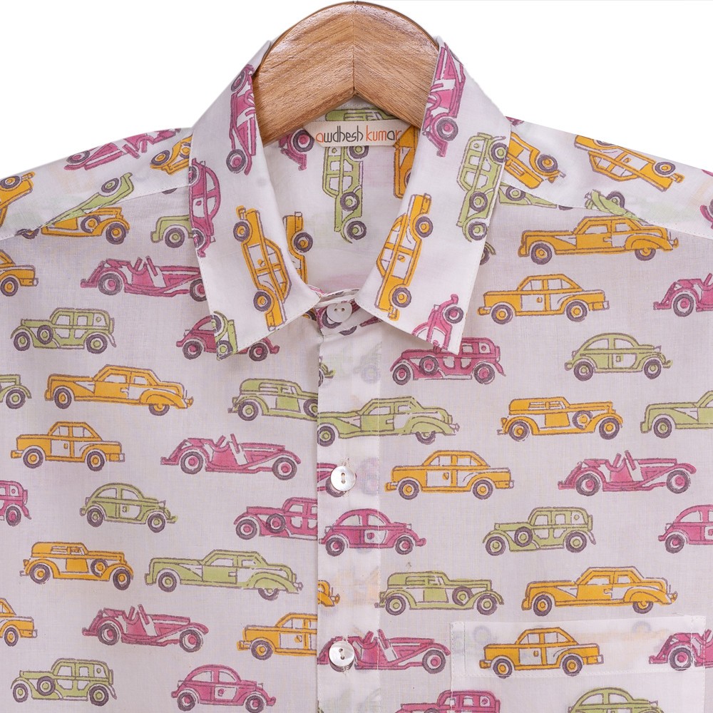 Full Sleeve Indian Hand Block Print Shirt Vintage Car Design Shirt