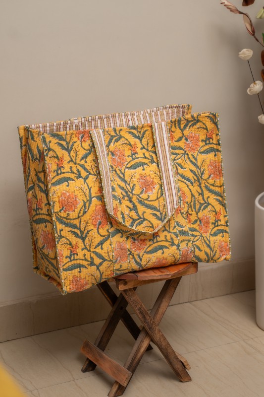 Awdhesh Kumar Mustard Meadow Cotton Hand Block Printed Tote Bag for Women
