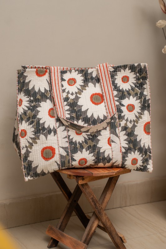 Awdhesh Kumar Retro Daisy Cotton Hand Block Printed Tote Bag for Women