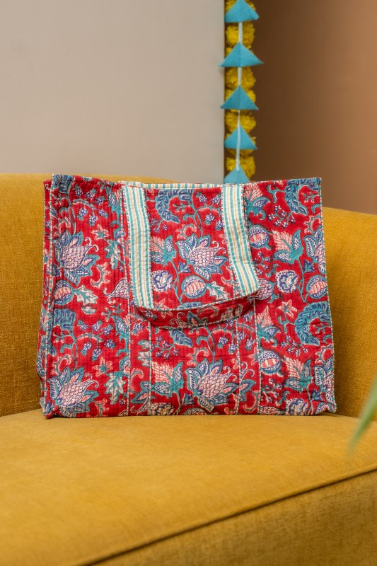 Awdhesh Kumar Mughal Paisley Garden Cotton Hand Block Printed Tote Bag for Women