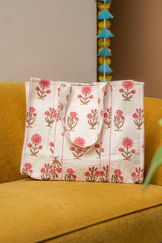 Awdhesh Kumar Repeating Blossom Cotton Hand Block Printed Tote Bag for Women